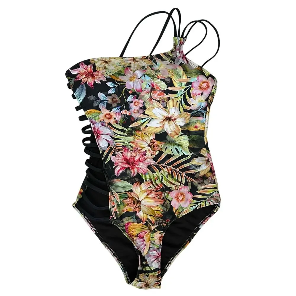 Coral Tropics One Shoulder Floral One Piece Swimsuit Size S
